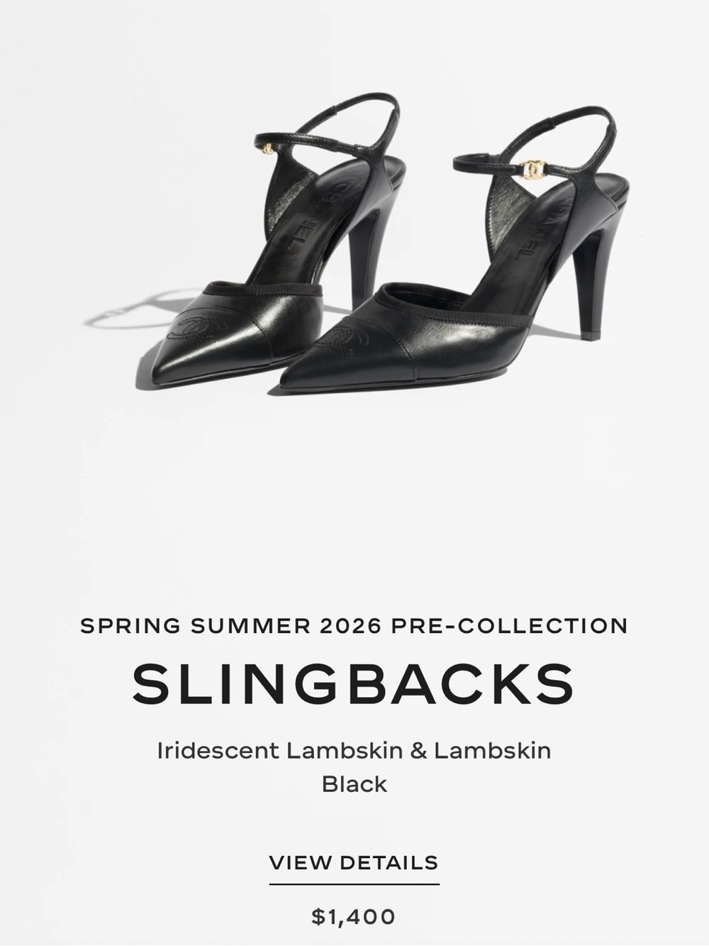 CHANEL 2026 Black Pointed Lambskin Slingback Heels